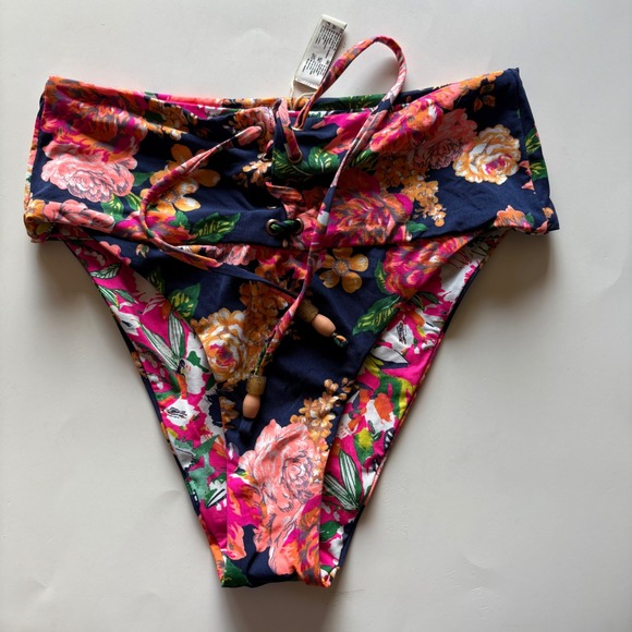 Maaji Floral High Waist Cheeky Bikini Bottoms Lace Up Reversible swimsuit Medium - Picture 1 of 8
